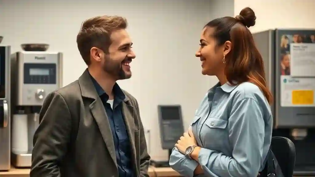 Coworkers connecting casually — a common workplace romance signal.