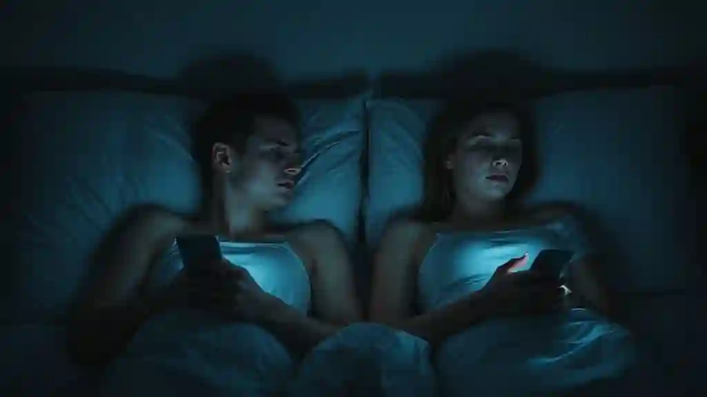 “Couple facing away from each other in bed, absorbed in phones — showing emotional distance caused by screens.”