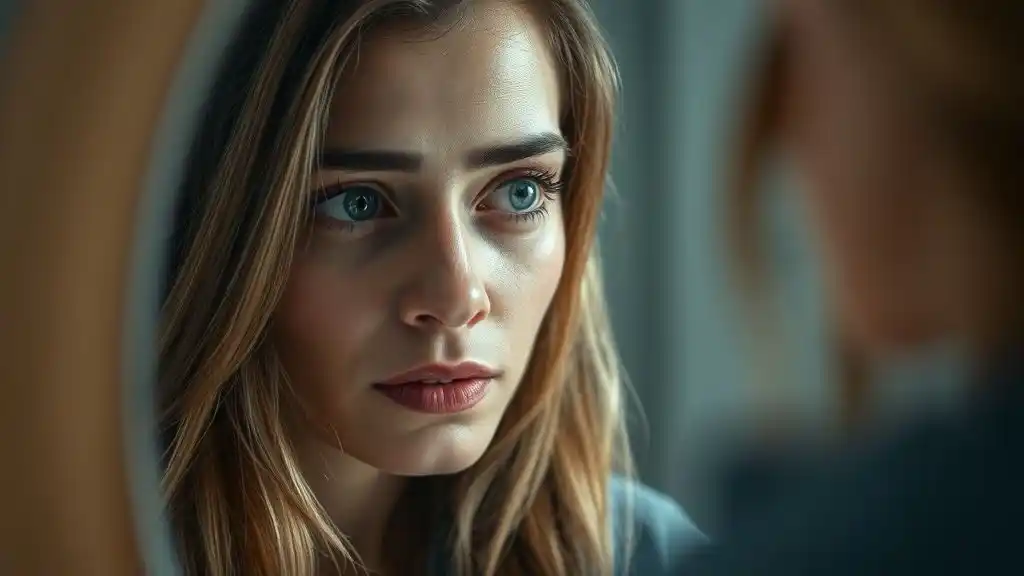 A woman looking in the mirror, realizing her strength and reclaiming her power.