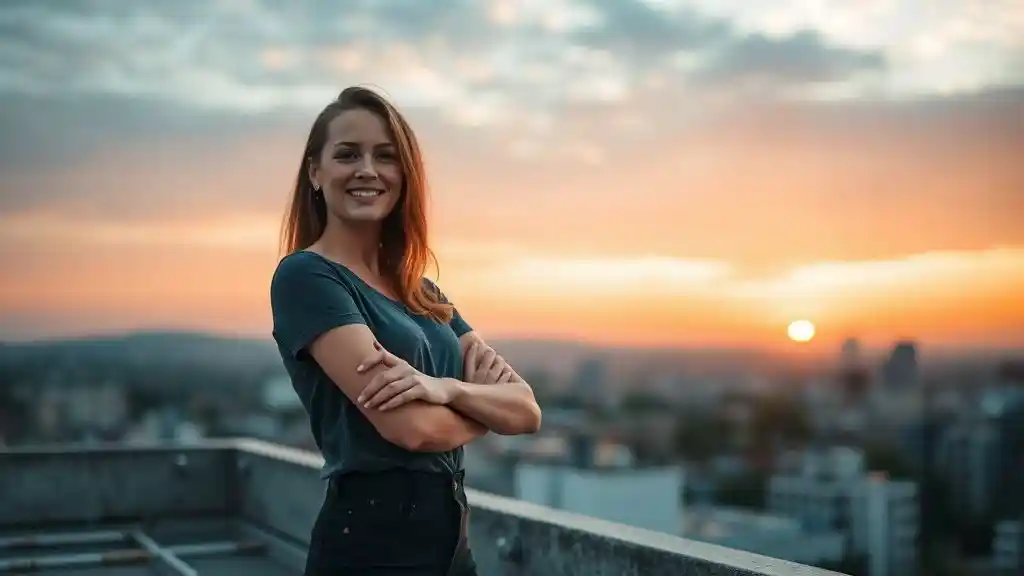 “Confident woman on rooftop at sunset, representing strength and peace gained through setting boundaries.”