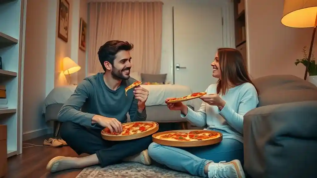 Couple enjoying pizza together indoors.