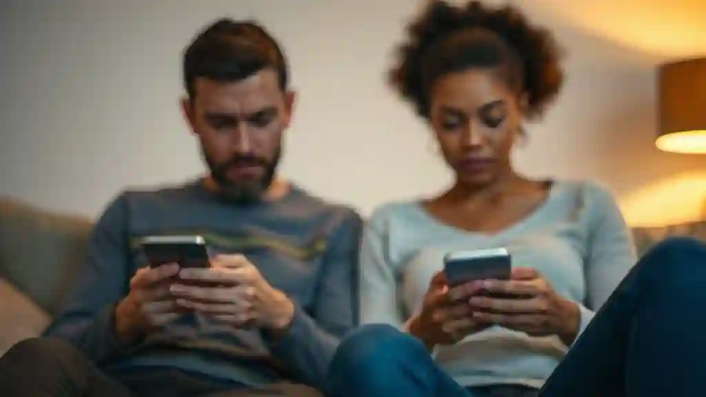 Couple distracted on phones showing disconnection and relationship loneliness.