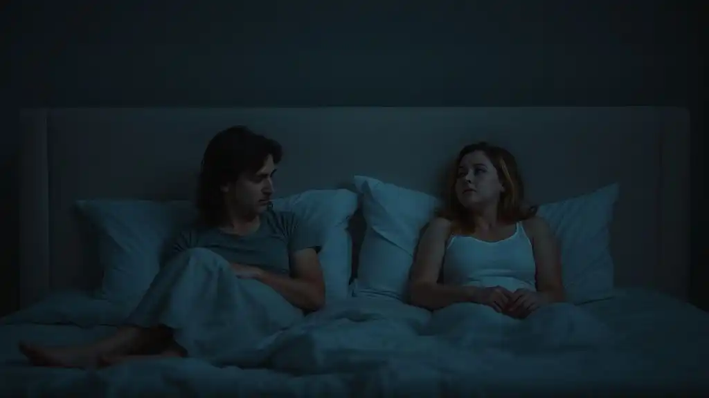 Couple emotionally distant in bed — symbol of manipulation and lost connection.