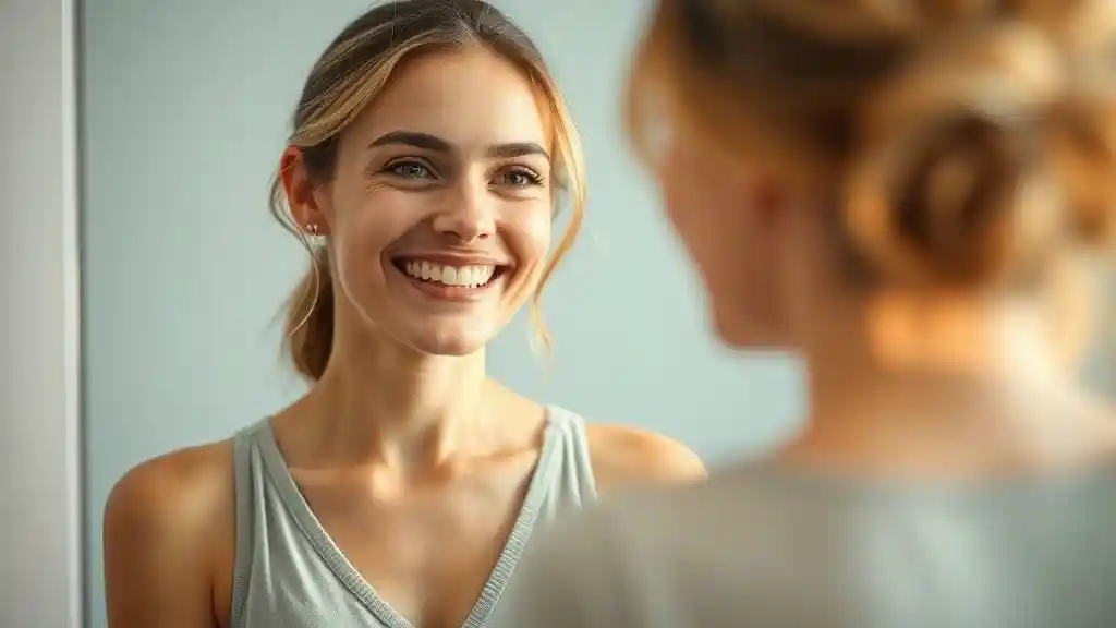 “Woman smiling at her reflection, representing self-love and emotional healing after love that hurts.”