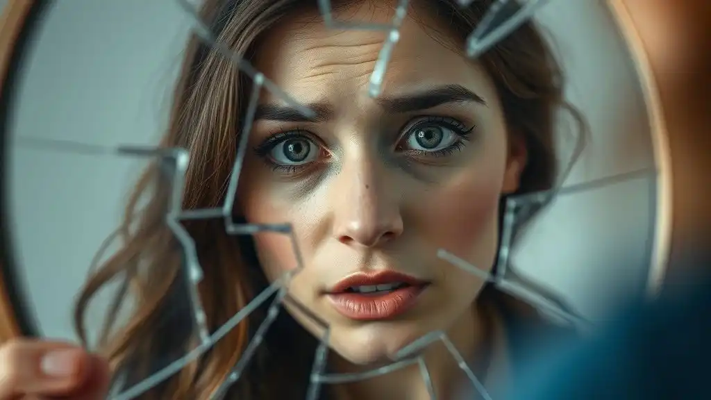 Woman looking into cracked mirror — symbol of emotional confusion and manipulation.