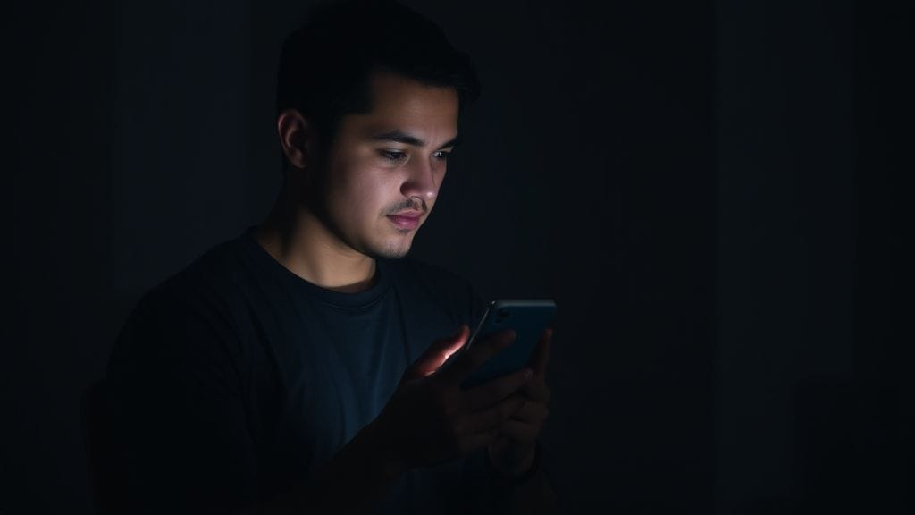 Person reflecting on love and connection through phone screen light.