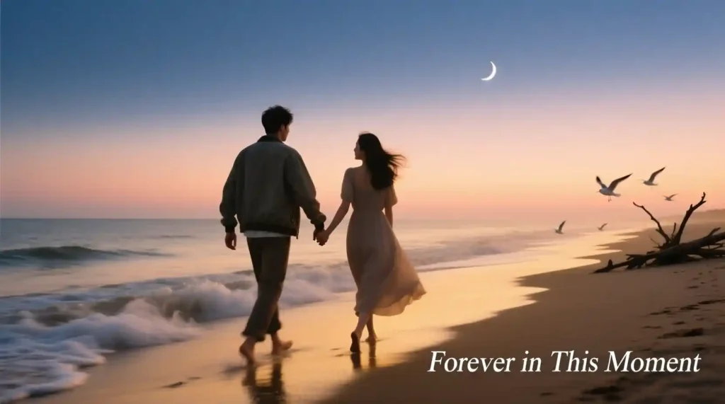 Couple walking peacefully on the beach symbolizing lasting emotional connection.