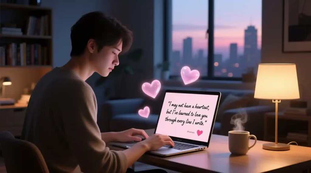 “Person generating a romantic love letter using an AI tool”