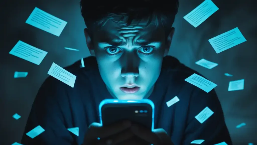 “Person overthinking messages, showing quiet desperation for love.”