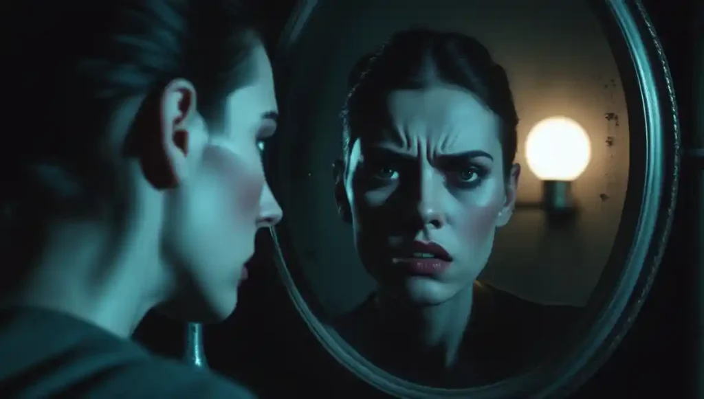 A person staring into a mirror, symbolizing confusion and self-doubt caused by gaslighting.