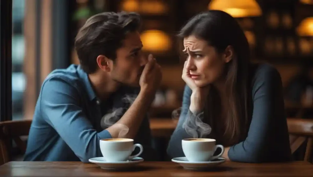Couple at a café showing one person’s emotional intensity and another’s discomfort—symbolizing emotional confusion in dating.