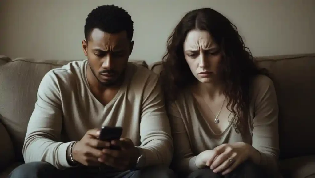 "Couple sitting together but emotionally disconnected as one partner withdraws."