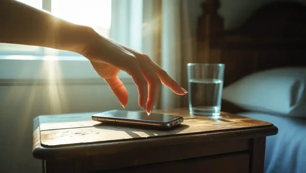 Hand reaching for phone out of habit after breakup, showing emotional muscle memory.