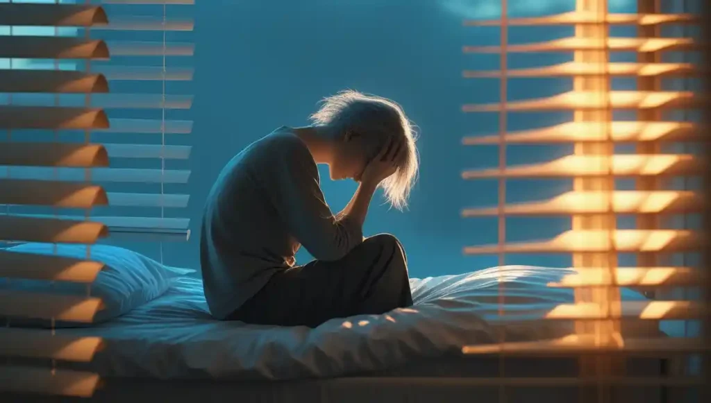 A person sitting on the edge of a bed at dawn, head bowed, light filtering through blinds—symbolizing the quiet realization of emotional exhaustion.