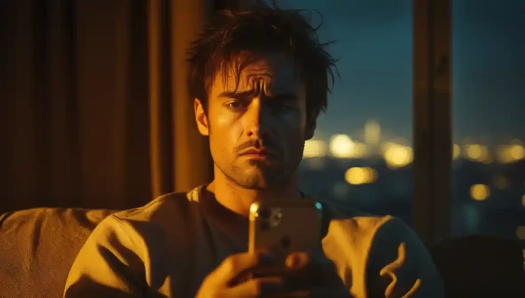 A woman hiding her phone screen, symbolizing secrecy and emotional deception in a relationship.