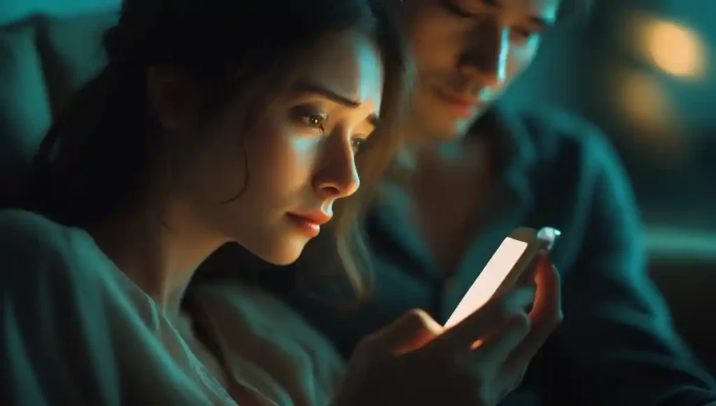 “Woman watching her distant partner, feeling emotional distance grow.”