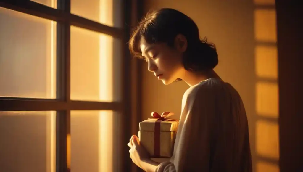 Holding a gift in warm light.