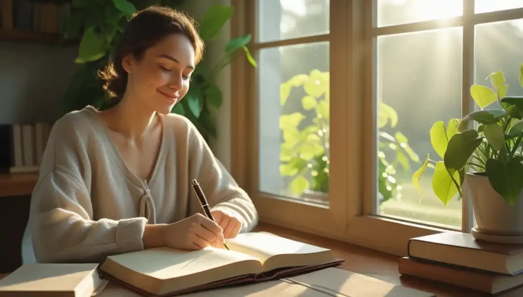 “Person journaling in morning light, finding peace and learning self-love.”