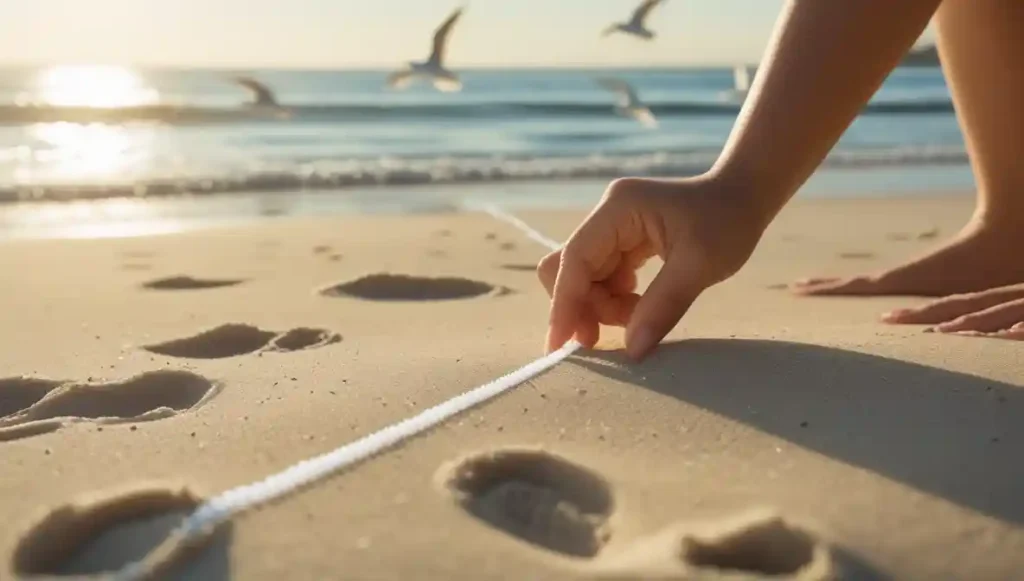 Drawing a line in the sand symbolizing setting emotional boundaries to protect yourself from floodlighting in dating.