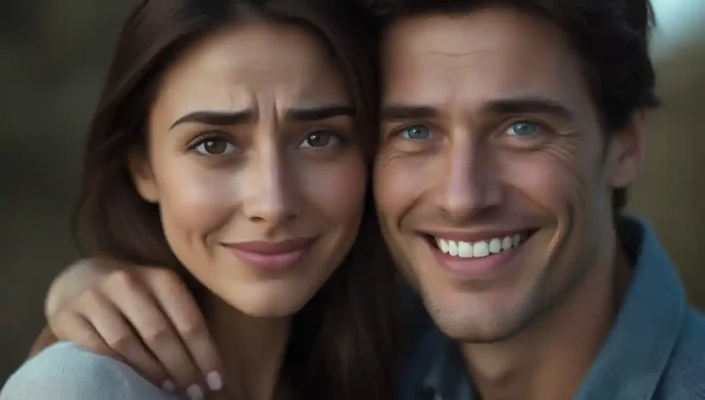 Couple smiling for social media while the woman hides emotional pain behind her eyes.