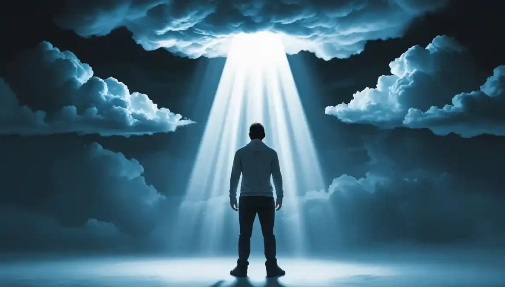 “Symbolic image of emotional overload and pressure from floodlighting.”