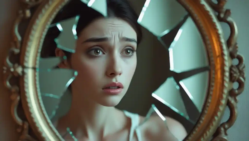 Woman looking into cracked mirror representing loss of identity after saying yes to someone who floodlighted her.