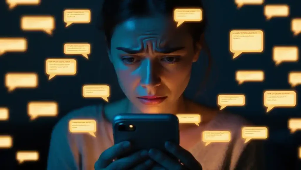 Woman overwhelmed by messages representing emotional flooding after saying yes to someone who floodlighted her.