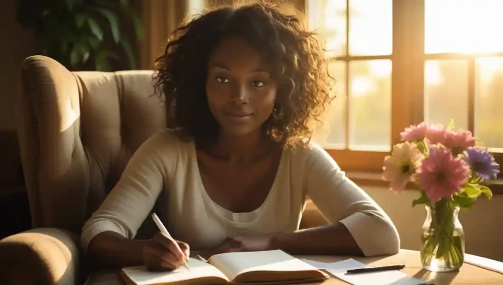 “Woman smiling at her reflection, finally feeling seen and emotionally whole.”