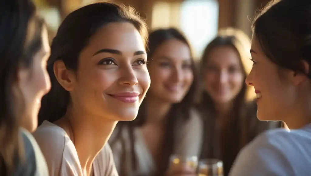 A woman defending someone she cares about, showing loyalty and quiet affection.