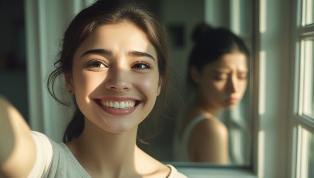 Someone appearing happy online while struggling emotionally in reality.