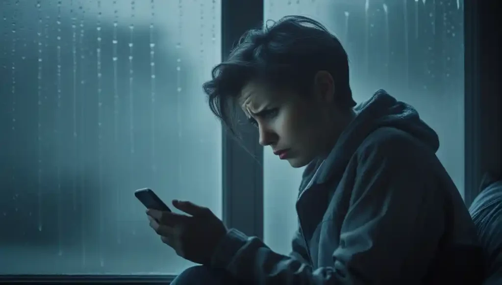 Someone waiting for a message that never arrives, symbolizing emotional pause after breakup.