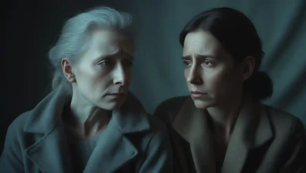 Couple sitting together but emotionally distant, showing silence and tension.