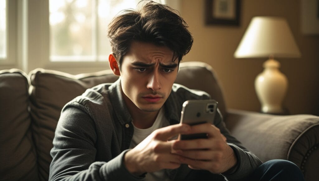 Man quietly hurting while seeing his partner celebrate love online.