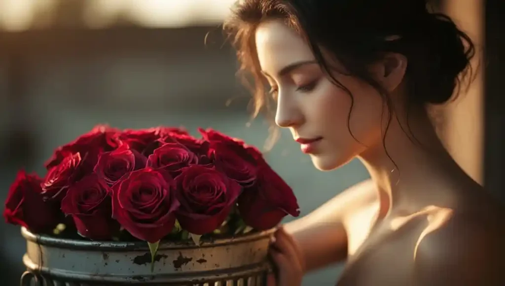 Woman letting go of roses to symbolize choosing herself.