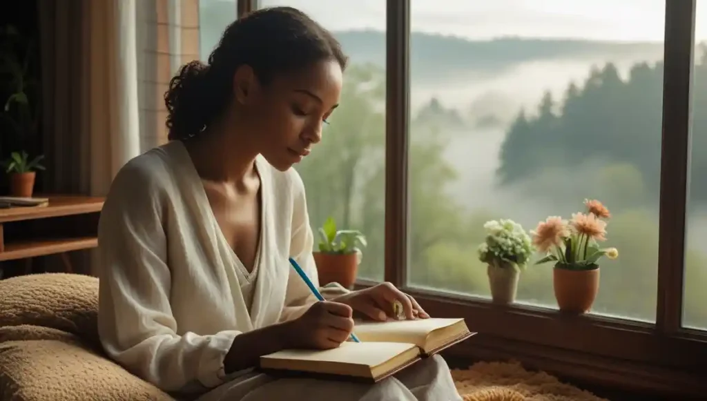 “Person journaling by the window, learning to see and love themselves again.”