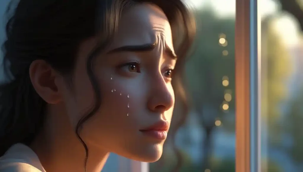 Woman reflecting quietly, showing emotional conflict and longing.