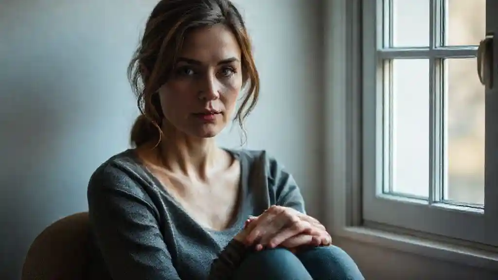 A shy woman by a window hiding deep emotions behind a gentle expression.