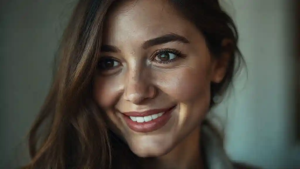 Woman giving a shy smile and looking away, revealing subtle signs of hidden feelings.