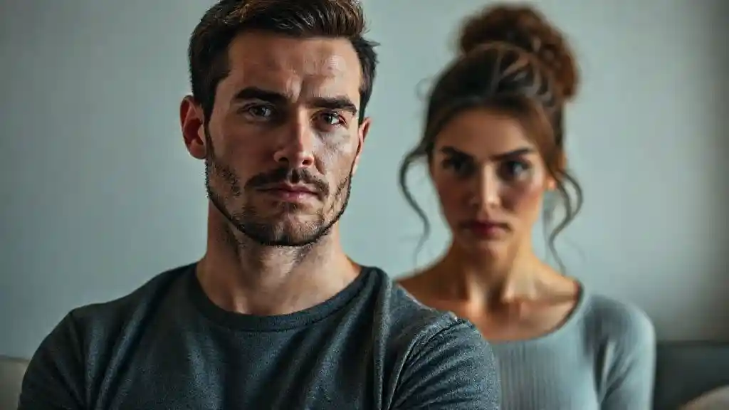 “Confident man staying calm while a woman shows signs of jealousy.”