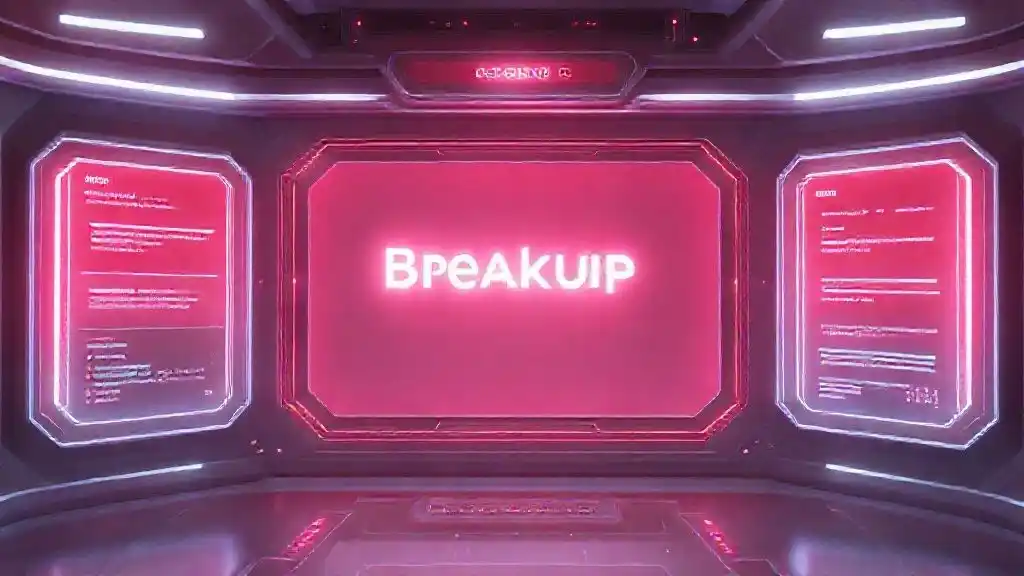 “AI breakup message generator interface with glowing digital panels.”
