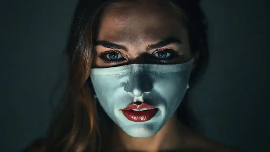 “Woman removing emotional mask revealing hidden jealousy and interest.”