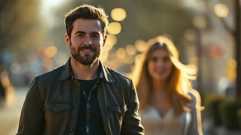 Man moving forward confidently with a new girlfriend while the past fades behind.