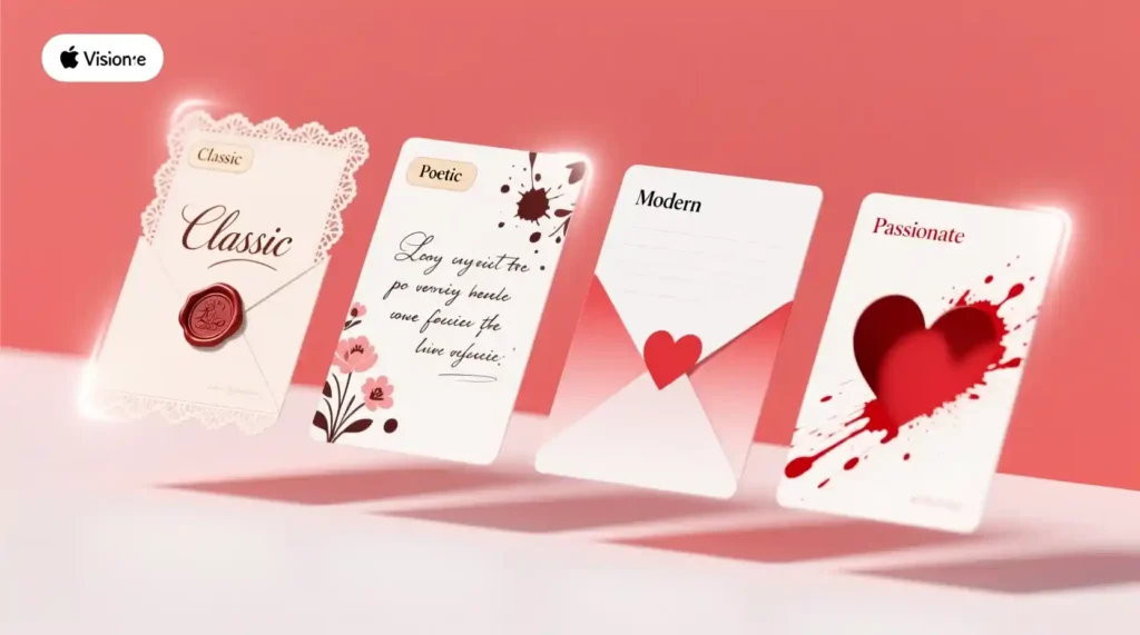 “Different types of AI love letter styles shown in a clean modern layout”