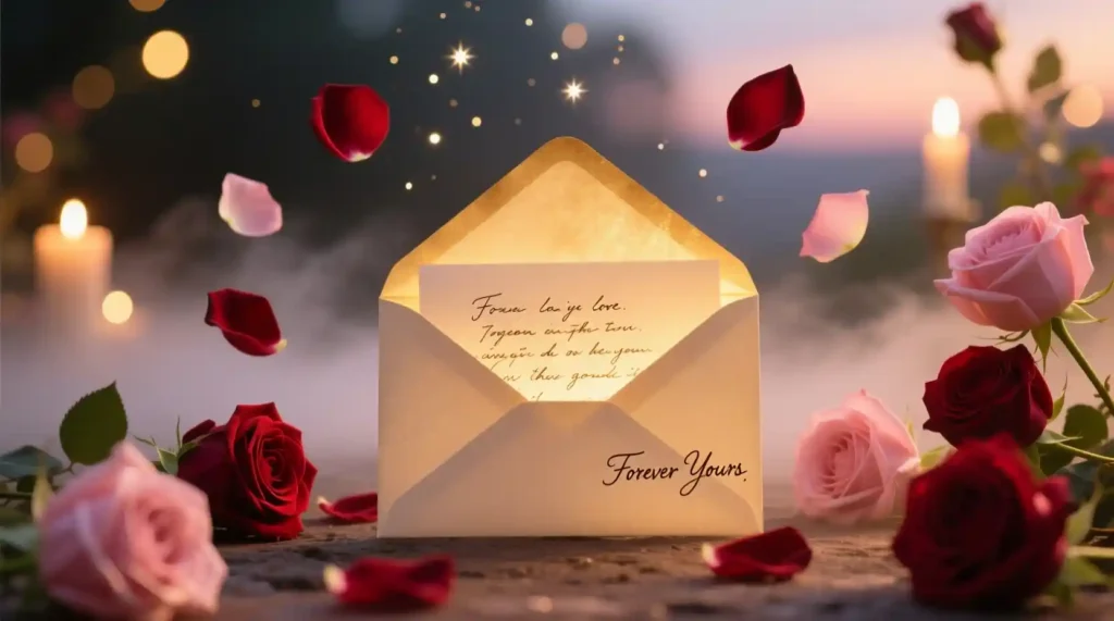 “Romantic handwritten love letter surrounded by roses”