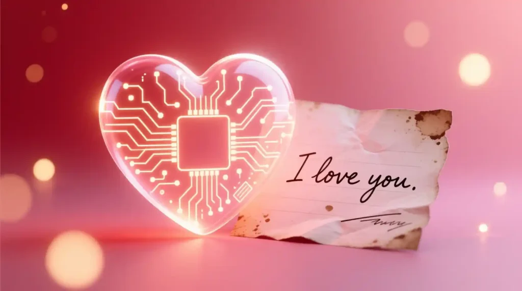 “AI heart blending with handwritten love letter representing modern romance”