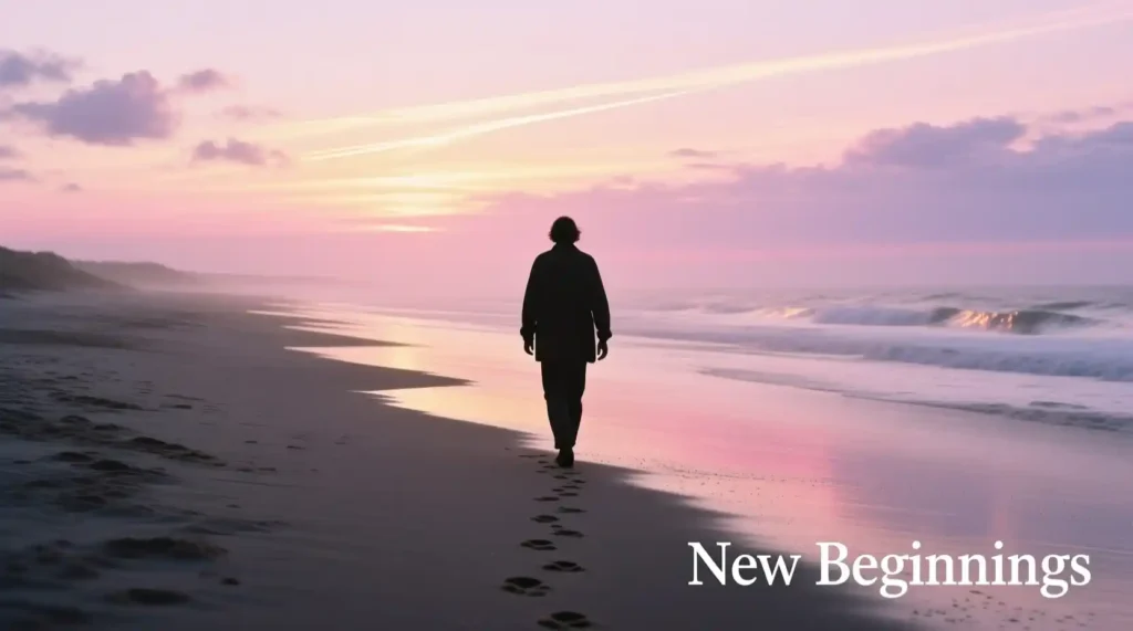 “Person walking during sunrise symbolizing emotional closure after breakup”