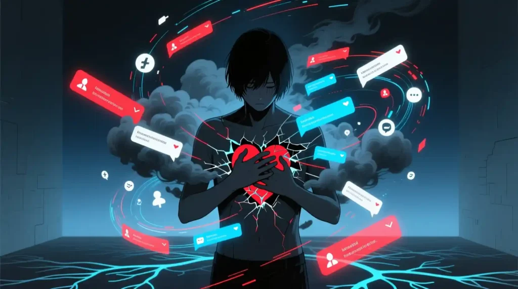 Visual representation of emotional overwhelm from digital triggers after breakup.