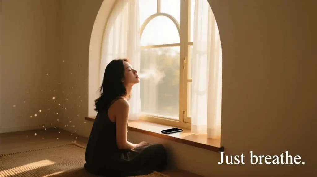 Woman feeling emotional relief and breathing freely after blocking him.